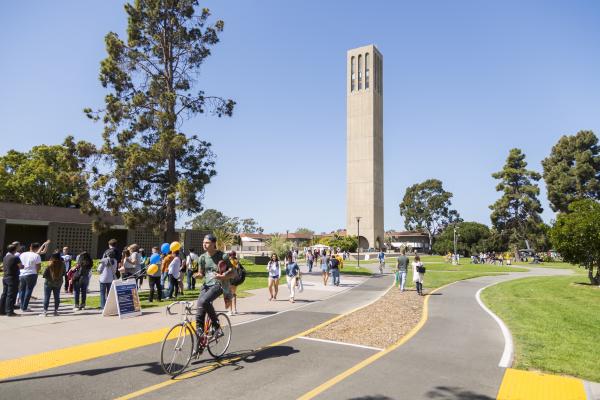 Students enjoying the beautiful, sunny campus.